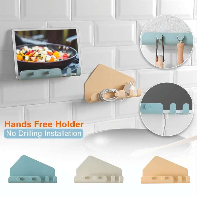 Wall Mounted 4 Hooks Mobile Phone Hanging Holder Hook Charging Stand Bracket(White)