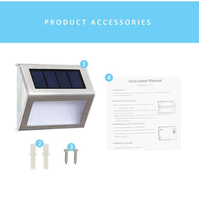 2PCS Solar Stainless Steel 3 LED Stair Wall Lamp Outdoor Garden Fence Light(Warm Light)