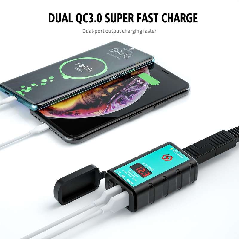 WUPP ZH-1422A1 DC12-24V Motorcycle Square Dual USB Fast Charging Charger with Switch + Voltmeter ...