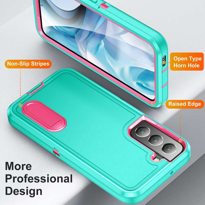 For Samsung Galaxy S22 5G 3 in 1 Rugged Holder Phone Case(Blue+Pink)