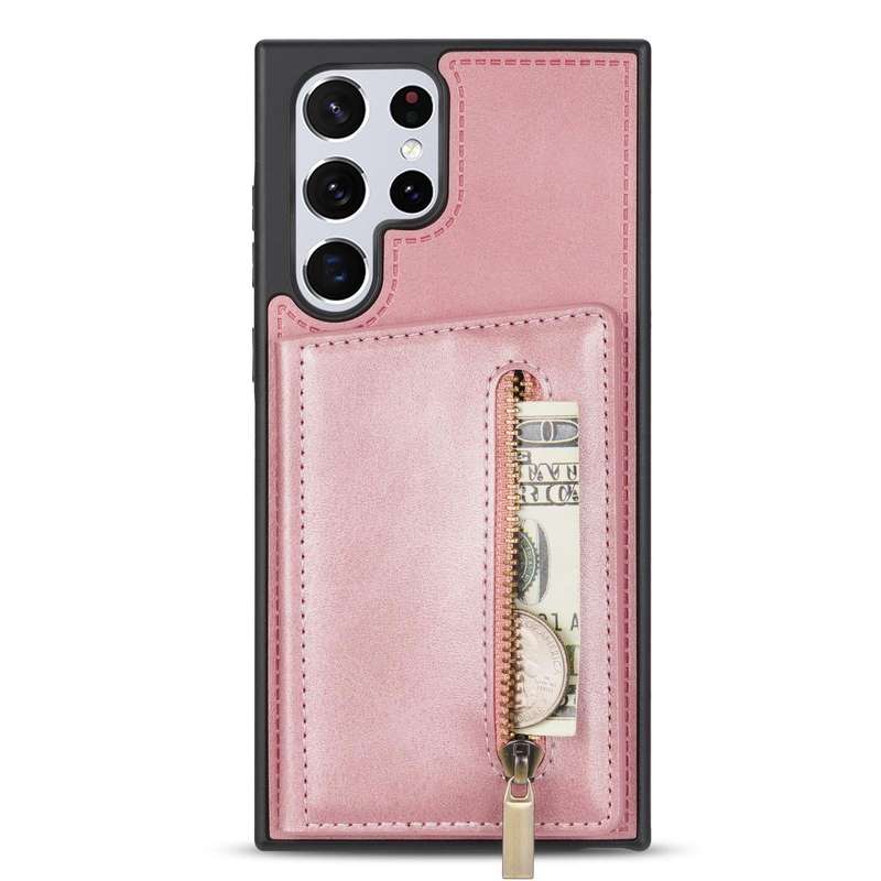 For Samsung Galaxy S22 Ultra 5G Zipper Card Holder Phone Case(Rose Gold)