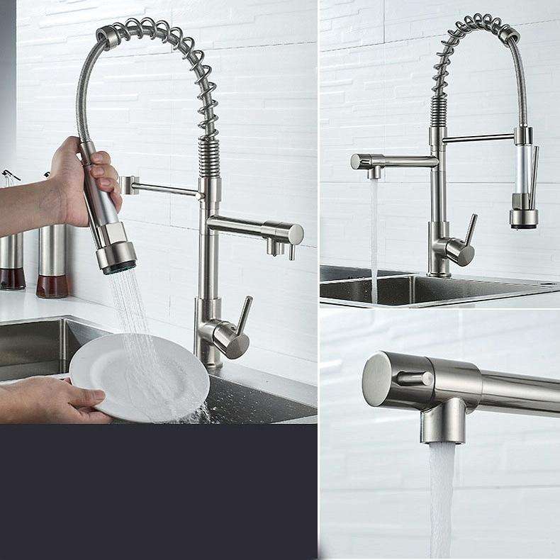 Copper And Nickel Brushed Double Outlet Spring Faucet Rotatable Kitchen Hot And Cold Water Faucet...