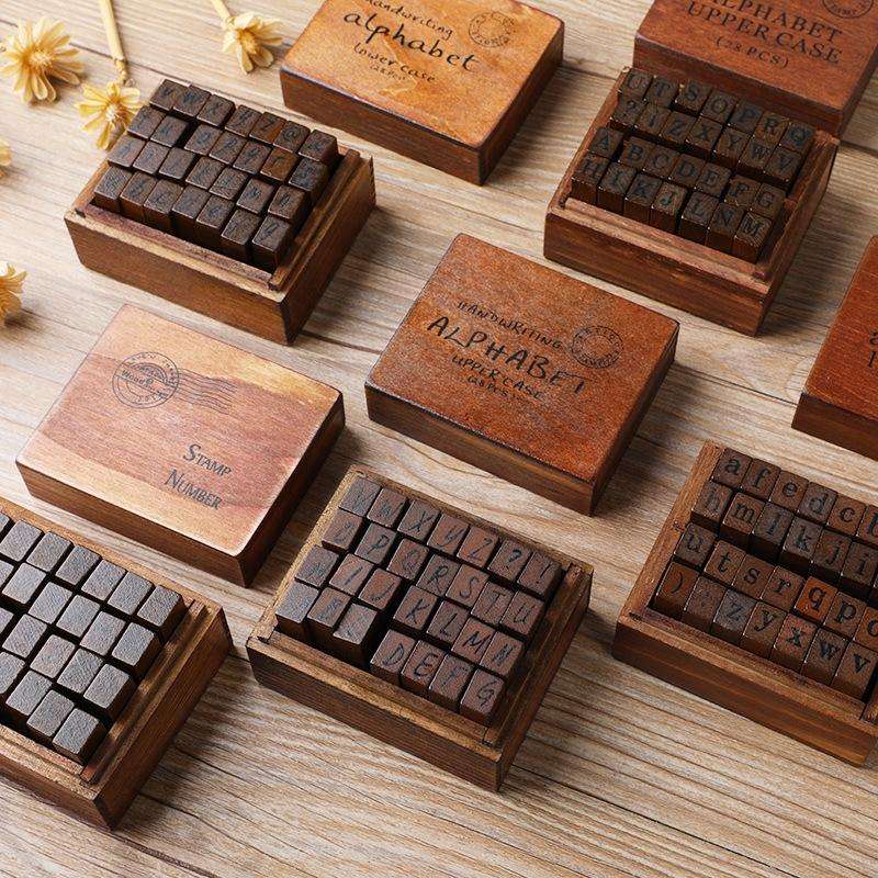 E13 28PCS/Set Vintage Wooden Alphabet and Number Diary Handbook DIY Stamps(Regular Lowercase)