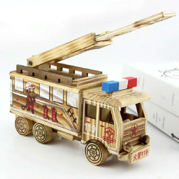 Simulation Fire Rescue Truck Creative Home Model Wooden Ornaments, Style:Fire Truck