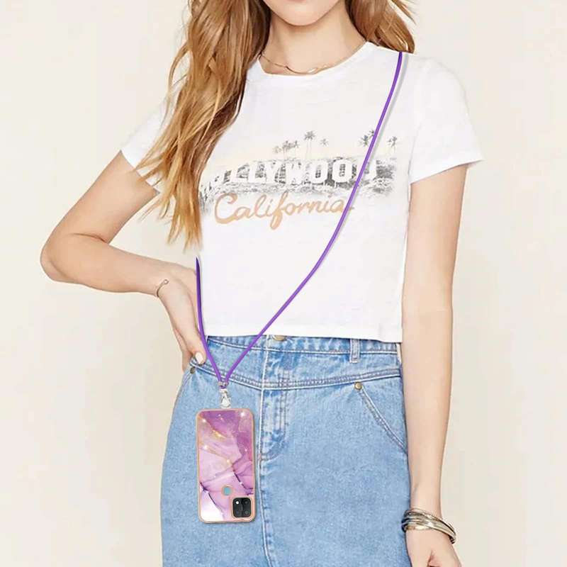 For OPPO A15 / A15s Electroplating Marble IMD TPU Phone Case with Lanyard(Purple 001)
