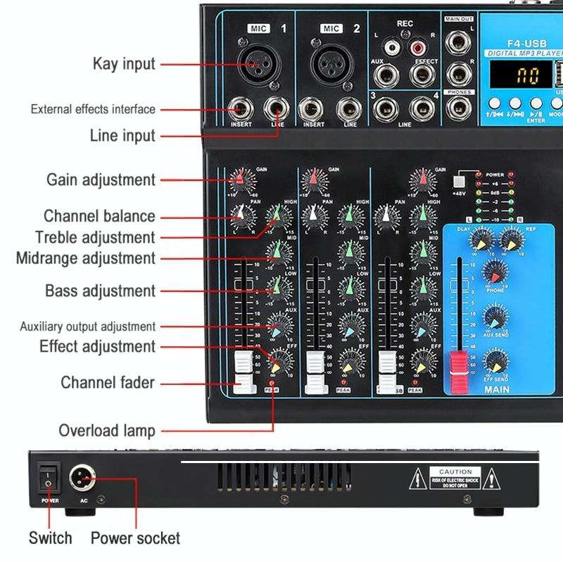 F4 Home 4-channel Bluetooth USB Reverb Mixer, EU Plug (Black)