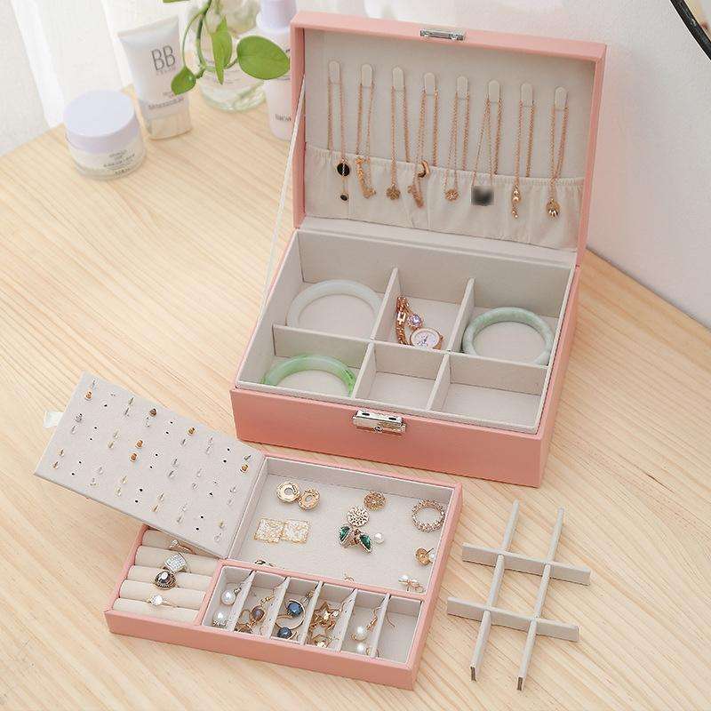 Simple Double-Layered Wooden Leather Jewelry Box With Lock Earrings Jewelry Box(Gray)