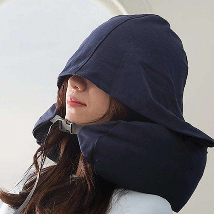 Portable Airplane Travel U-shaped Hooded Pillow Nap Time Neck Pillow(Navy Blue)