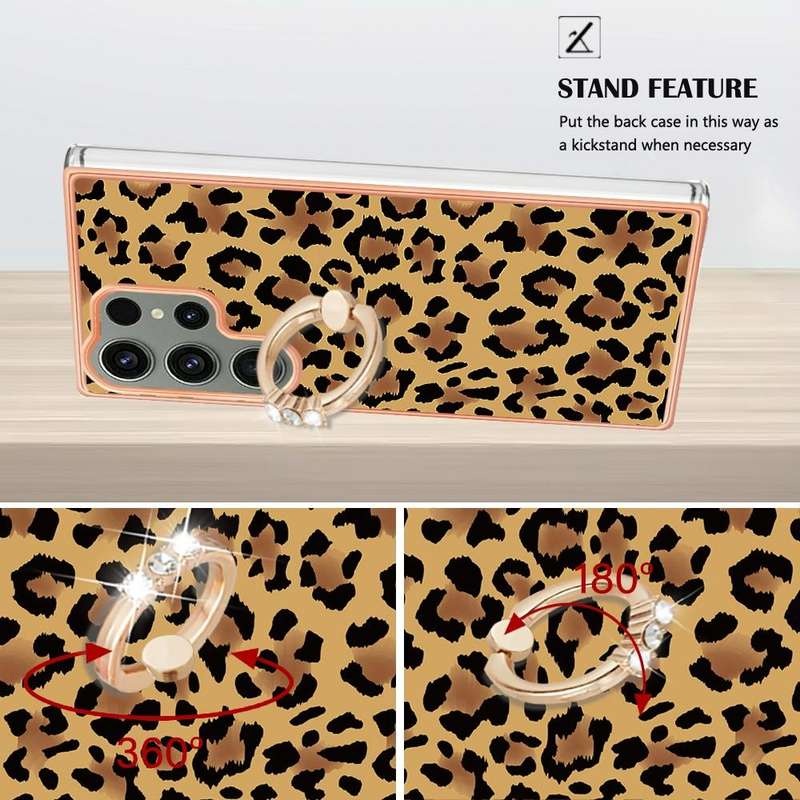 For Samsung Galaxy S23 Ultra 5G Electroplating Dual-side IMD Phone Case with Ring Holder(Leopard ...