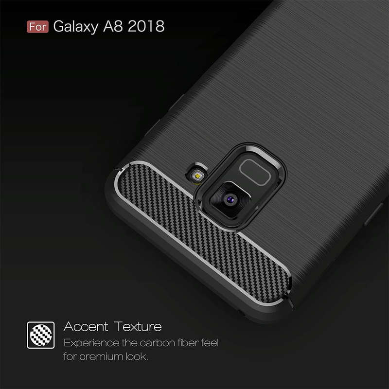 For Galaxy A8 (2018) Brushed Texture Carbon Fiber Shockproof TPU Protective Back Case (Black)
