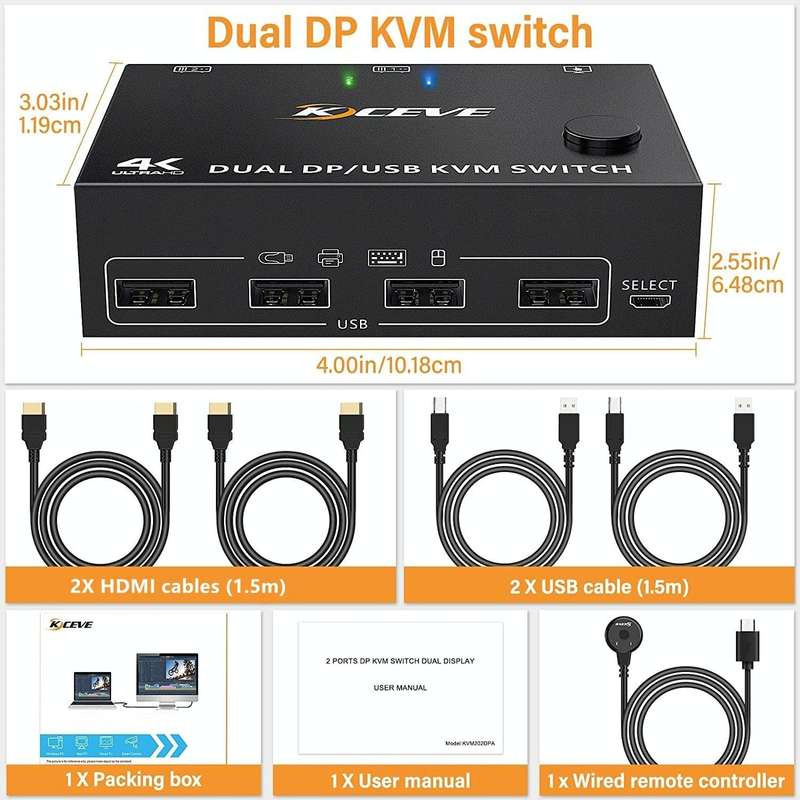 KC-KVM202DPA-USB2.0 DP 3DP+3DP KVM Switch (Black)