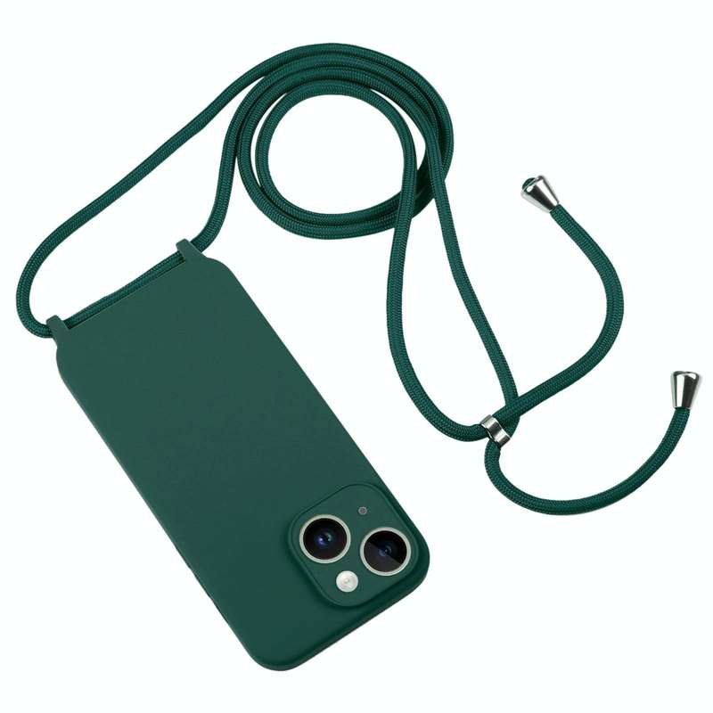 For iPhone 15 Plus Crossbody Lanyard Liquid Silicone Case(Pine Needle Green)