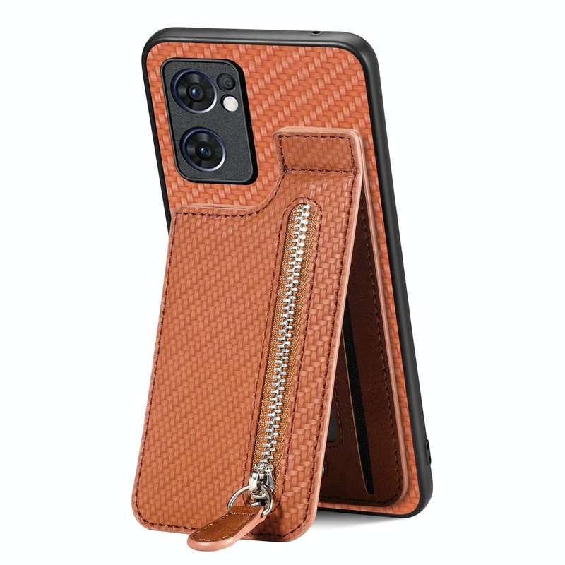 For OPPO Reno7 5G Carbon Fiber Vertical Flip Zipper Phone Case(Brown)