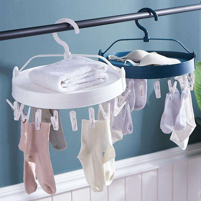 Sock Clip Round Drying Rack Folding Plastic Long Clothespin(Blue)