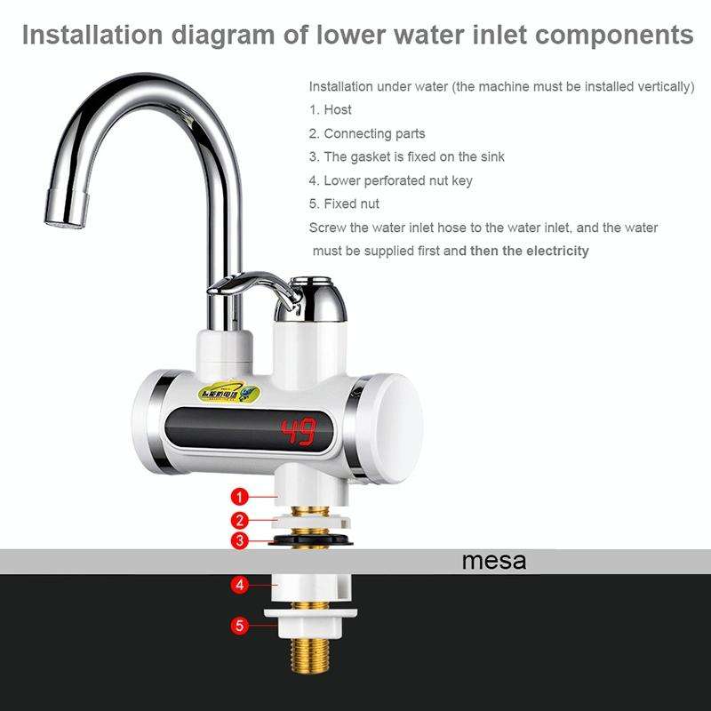 220V Kitchen Tankless Water Heater Instant Electric Faucet Electric Heater Tap with Temperature D...