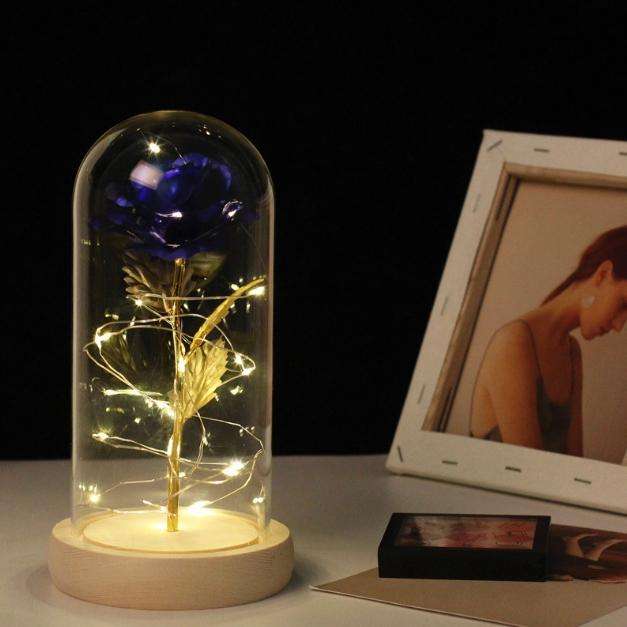 Simulation Roses Lights Glass Cover Decorations Crafts Valentines Day Gifts(Gold Foil Rose Blue)