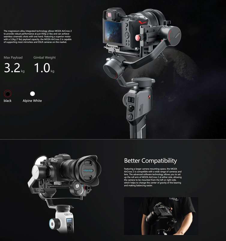 MOZA AirCross 2 Standard 3 Axis Handheld Gimbal Stabilizer for DSLR Camera, Load: 3.2kg(Black)