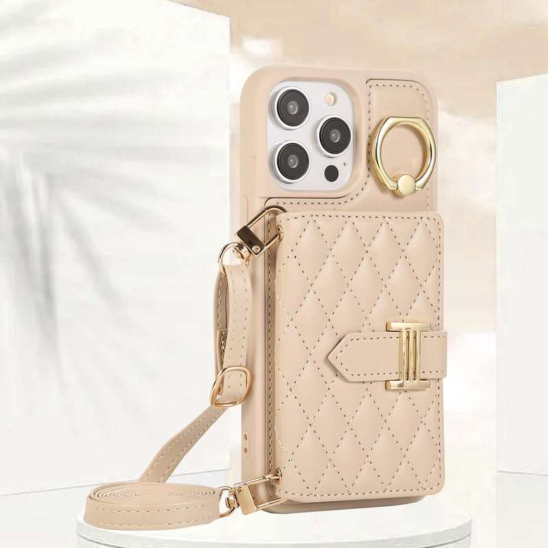For iPhone 14 Pro Max Horizontal Card Bag Ring Holder Phone Case with Dual Lanyard(Beige)