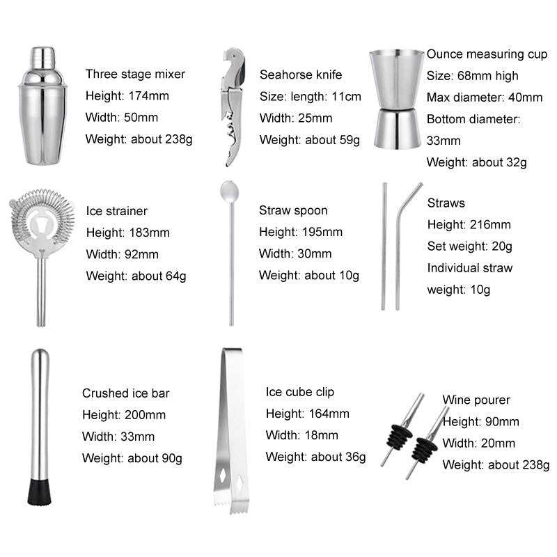 550ml 12 In 1 Stainless Steel Bartender Wooden Stand Set Cocktail Bartending Tools