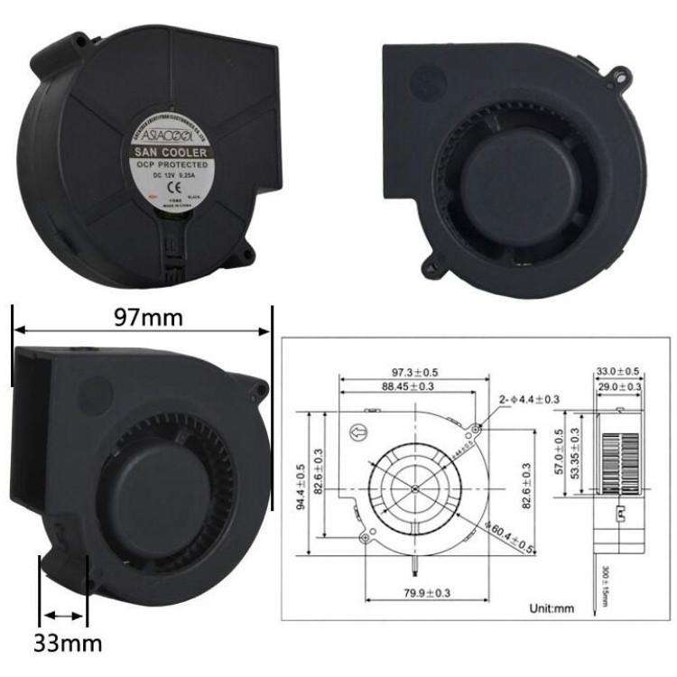 ASIACOOL Silent Turbo Blower Fan, Specification:9733 12V