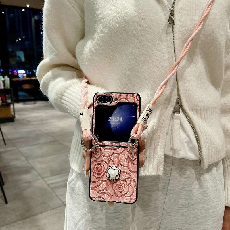 For Samsung Galaxy Z Flip4 5G Impression Camellia Pattern Protective Phone Case with Long Lanyard...