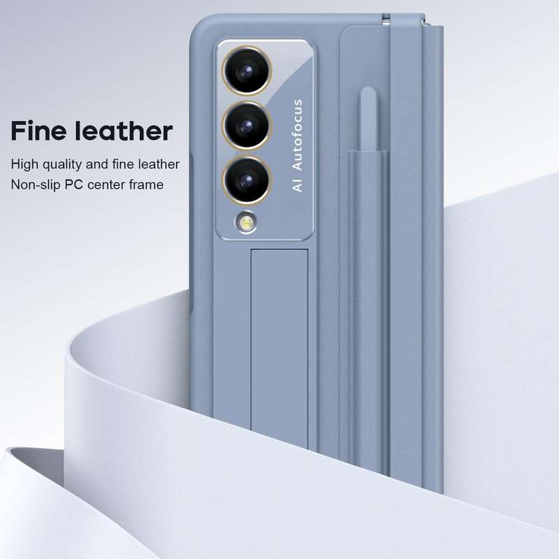 For Samsung Galaxy Z Fold4 PU + PC Full Coverage Phone Case with Pen/Pen Slots(Blue)