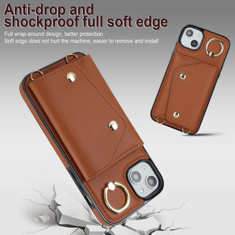 For iPhone 14 Zipper Card Bag Phone Case with Dual Lanyard(Brown)