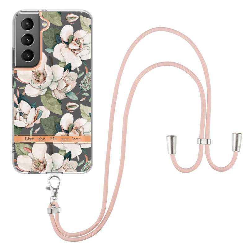 For Samsung Galaxy S23 5G Flowers and Plants Series IMD TPU Phone Case with Lanyard(Green Gardenia)