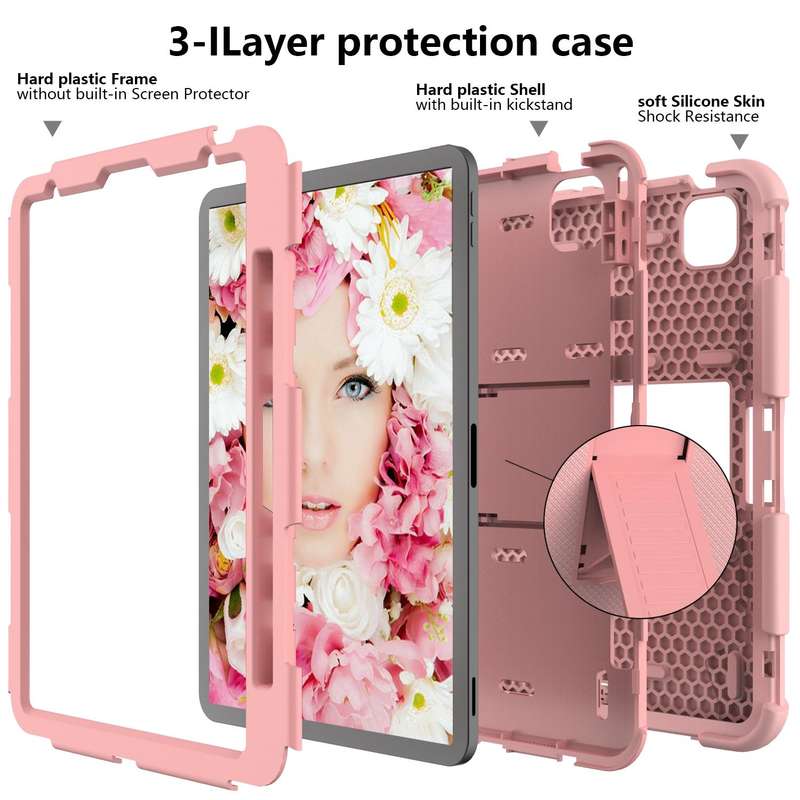 For iPad Air 2022 / 2020 10.9 Shockproof Two-Color Silicone Protective Case with Holder(Rose Gold...