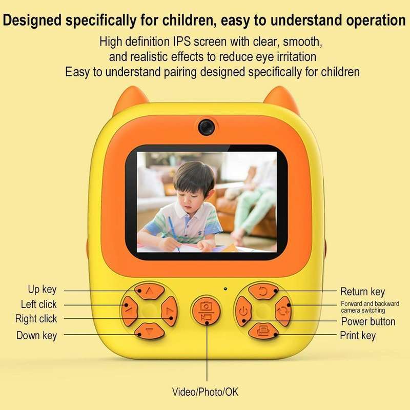 1080P Instant Print Camera 2.8-inch IPS Screen Front and Rear Dual Lens Kids Camera, Spec: Yellow