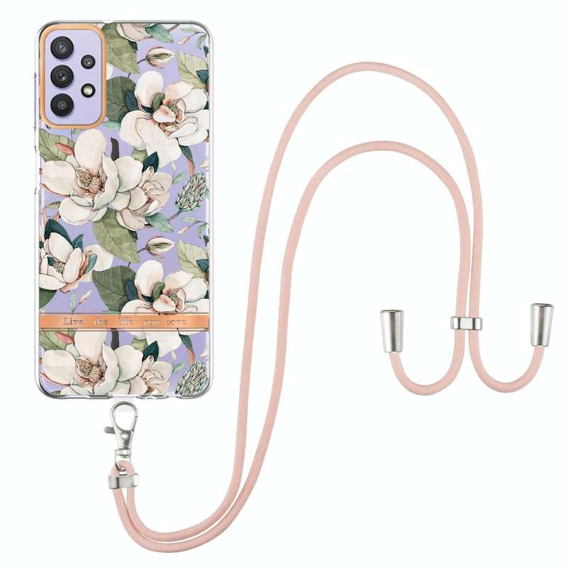 For Samsung Galaxy A32 5G Flowers Series TPU Phone Case with Lanyard(Green Gardenia)