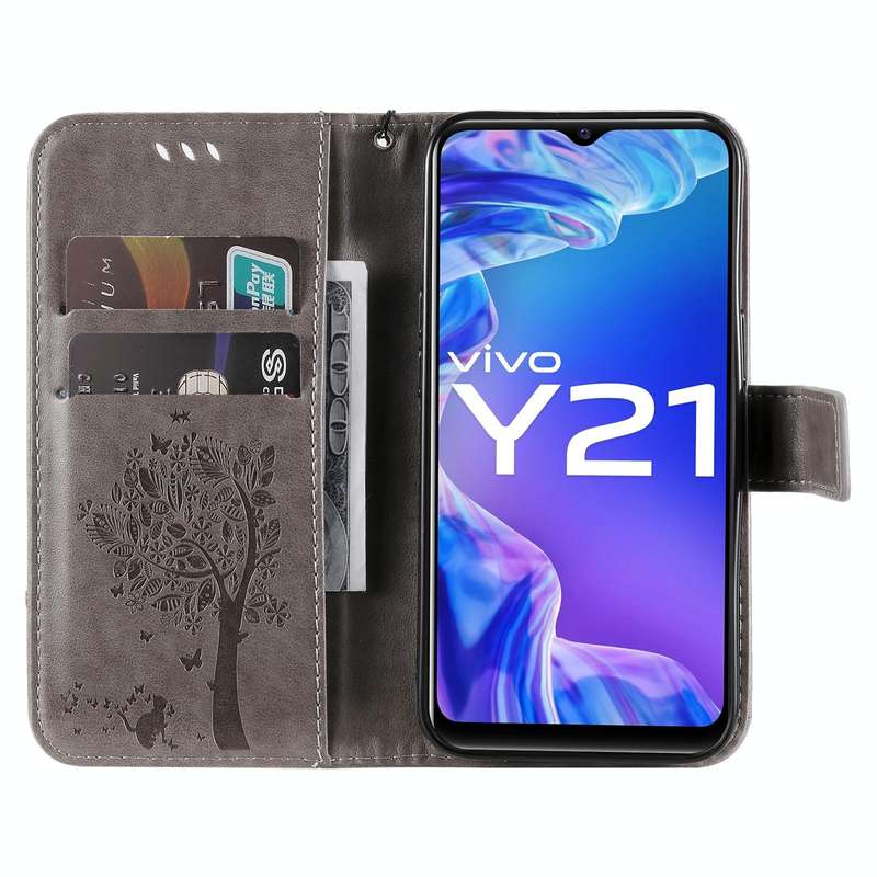 For vivo Y21/Y21s/Y33s Tree & Cat Embossing Pattern Horizontal Flip PU Leather Case with Holder &...