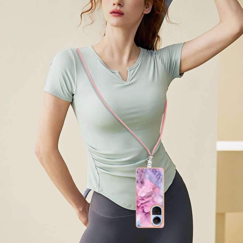 For OPPO Reno10 5G Global Electroplating Marble Dual-side IMD Phone Case with Lanyard(Pink 013)