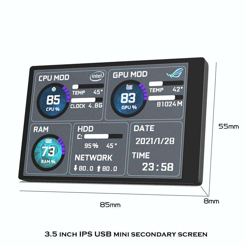 3.5 Inch IPS View All Computer Monitor USB Chassis Vice Screen Set 2 (Black)