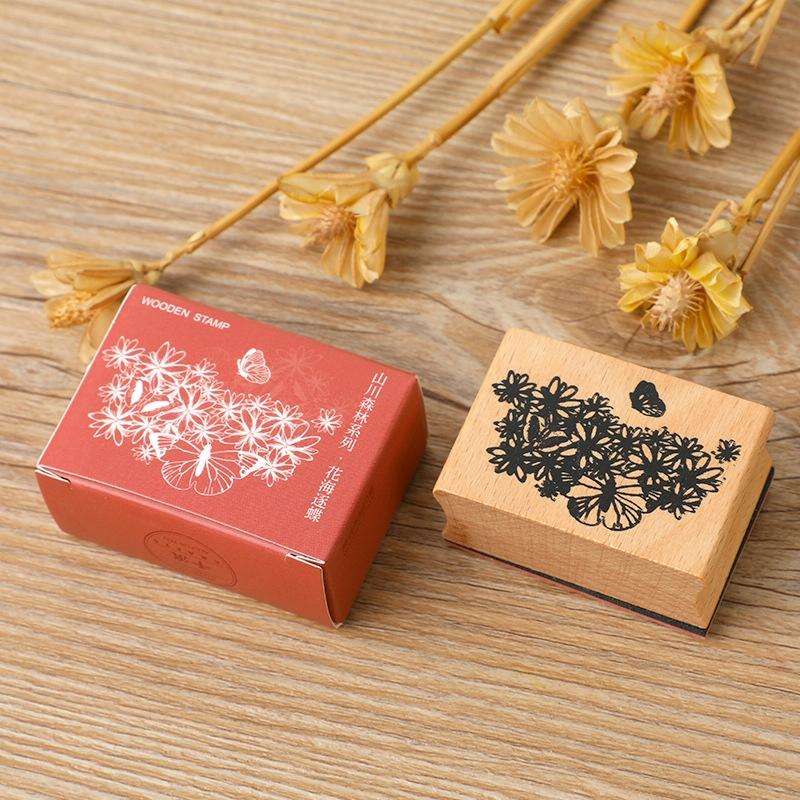 5 PCS DIY Vintage Nature Landscape Handbook Wooden Stamp(Sea Flowers Butterflies)