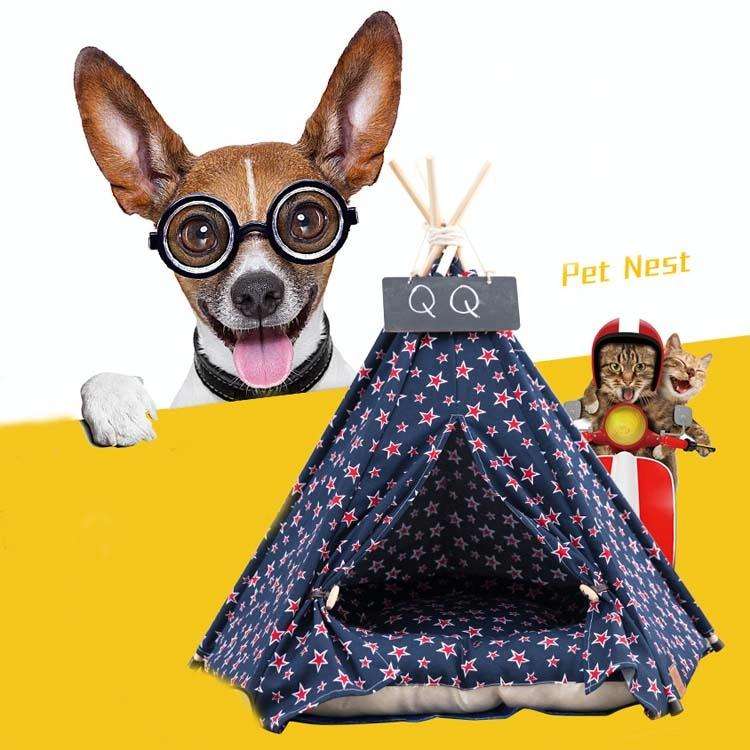 Cotton Canvas Pet Tent Cat and Dog Bed with Cushion, Specification: Small 404050cm(Beige Star)