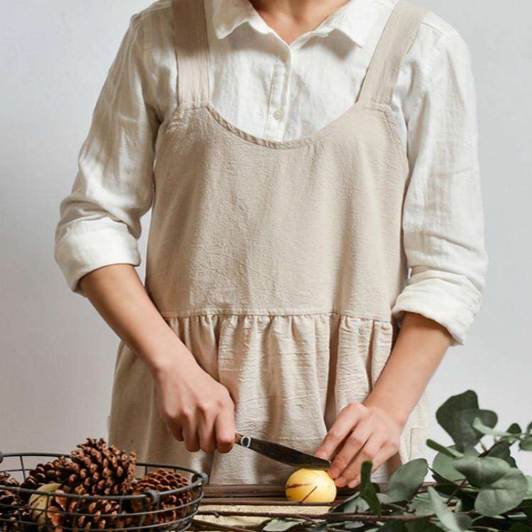 High Waist Cotton Linen Solid Color Apron(Almond)