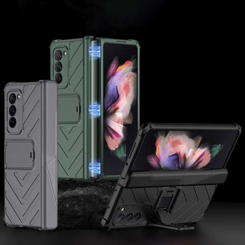 For Samsung Galaxy Z Fold2 5G GKK Integrated Magnetic Armor Flip Phone Case with Holder(Dark Green)