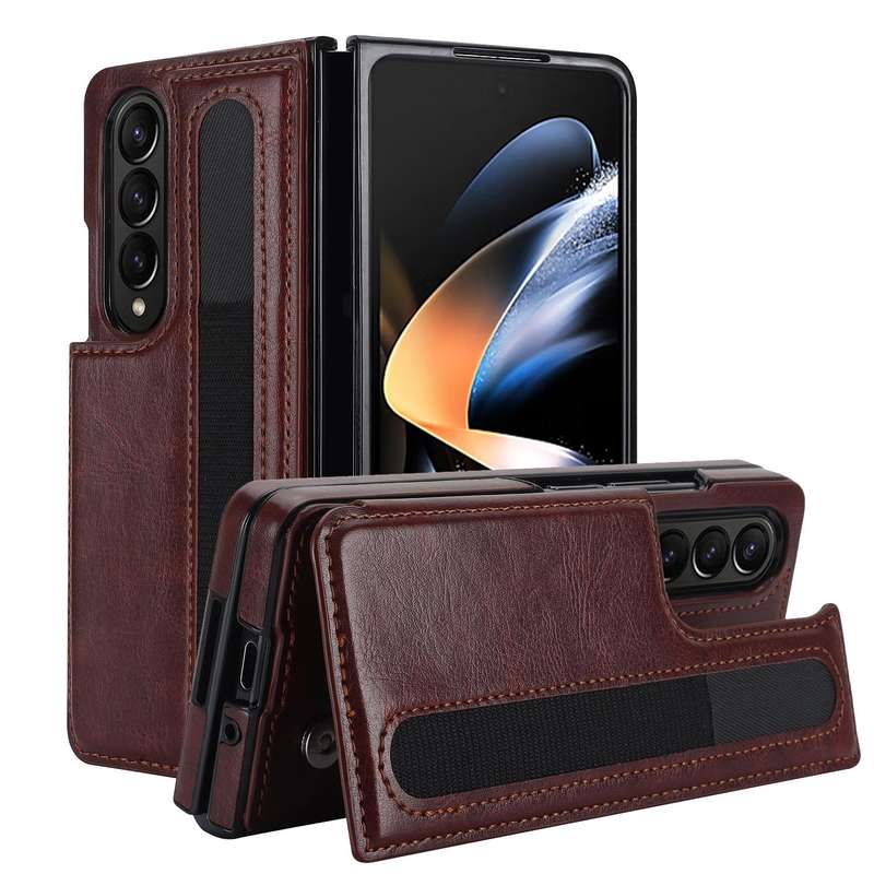 For Samsung Galaxy Z Fold3 Full Coverage Fold Double Buckle PU Phone Case with Pen Slots(Brown)