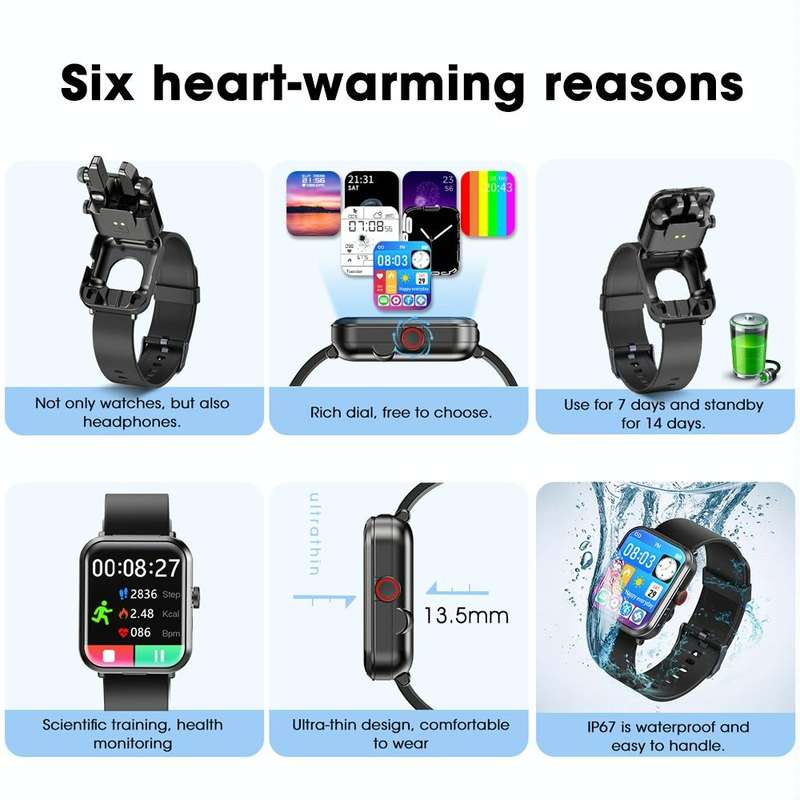 S6 TWS Earphone 1.91 inch Smart Bracelet Support Bluetooth Call / Health Monitoring(Black)