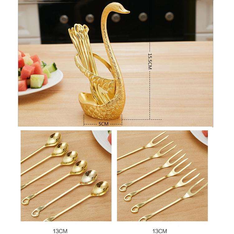 Swan Fruit Fork And Spoon Set Dessert Fork Fruit Fork Rack Tableware Wedding Gift, Colour: Golden...