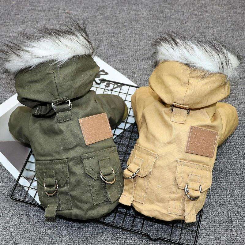 Thick Dog Clothes Pet Fur Vollar Hood Autumn Winter Cotton Coat, Color: Green(S)