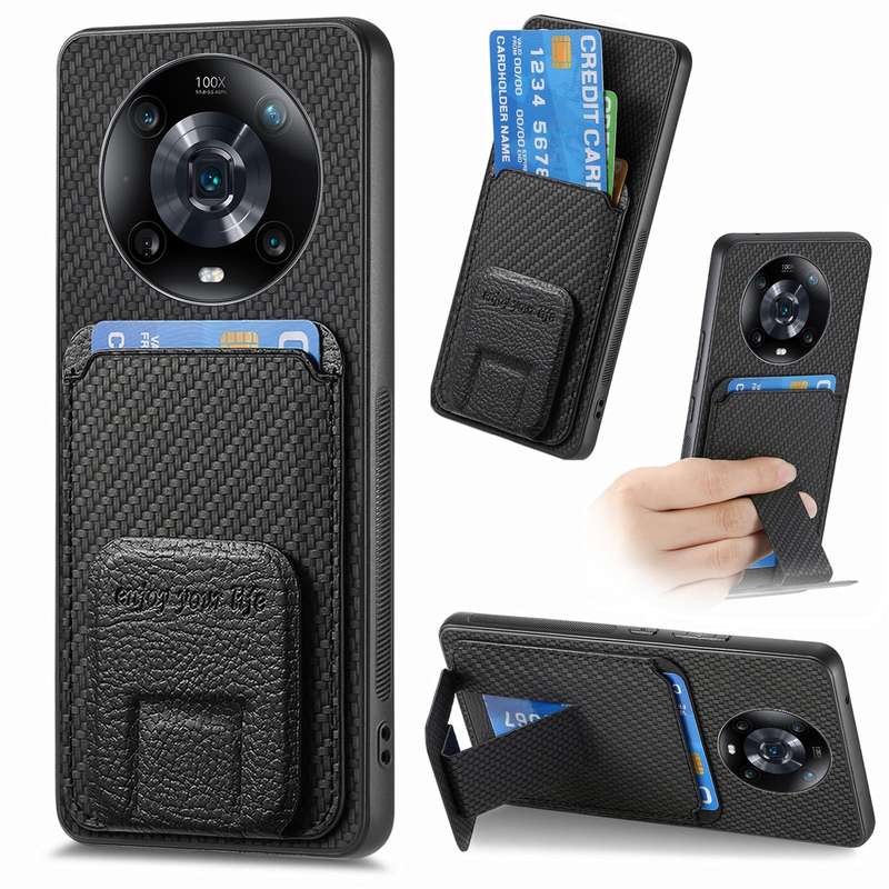 For Honor Magic4 Pro Carbon Fiber Card Bag Fold Stand Phone Case(Black)