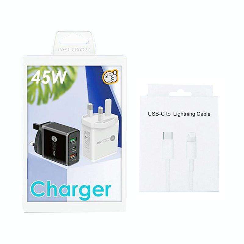 45W PD3.0 + 2 x QC3.0 USB Multi Port Charger with Type-C to 8 Pin Cable, UK Plug(White)