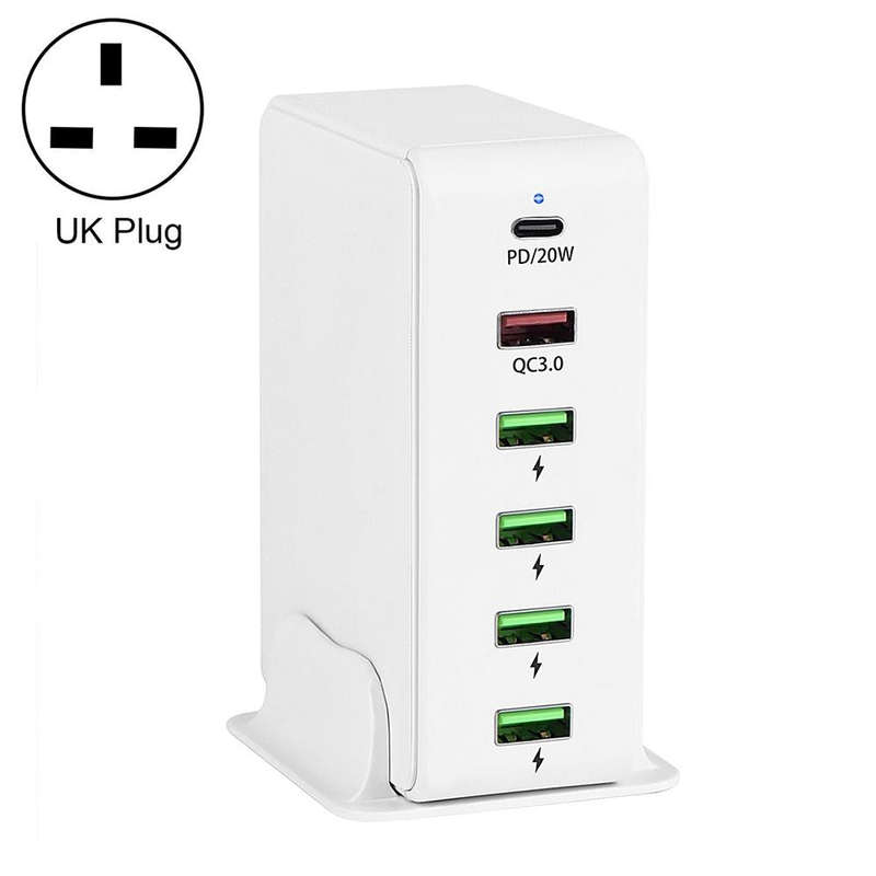 6 in 1 65W PD USB-C / Type-C + QC 3.0 USB + 4 USB Multi-port Travel Charger, UK Plug(White)