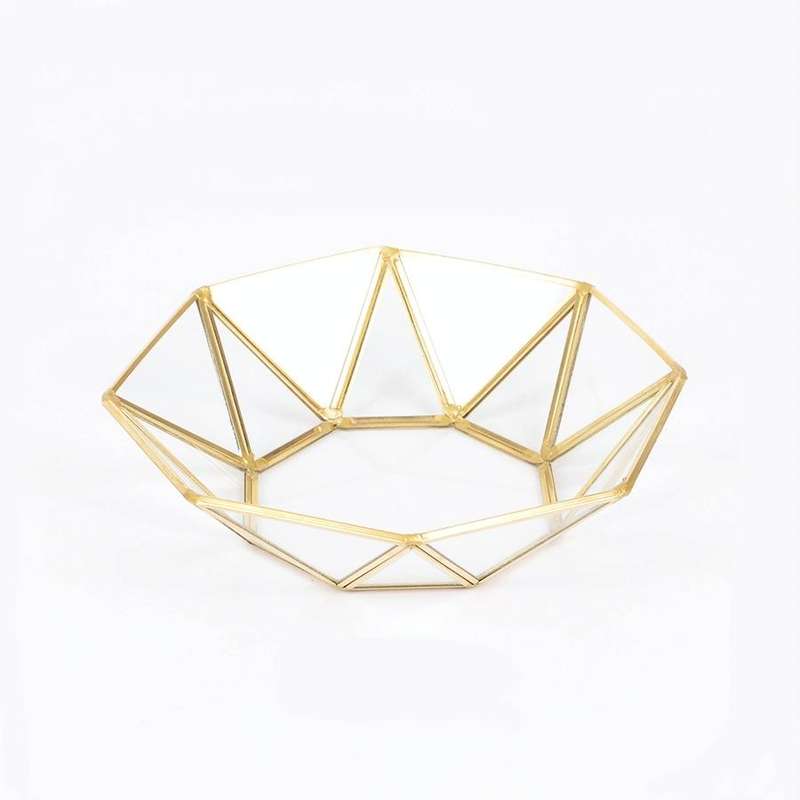 Glass Storage Tray Golden Retro Polygon Mirror Tray Brass Desktop Cosmetics Storage Tray Octagona...