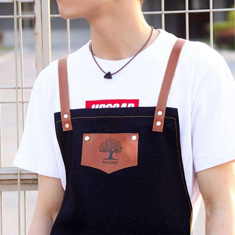 Denim Forest Pattern Apron Drawing Hairdress Overalls(Gray)