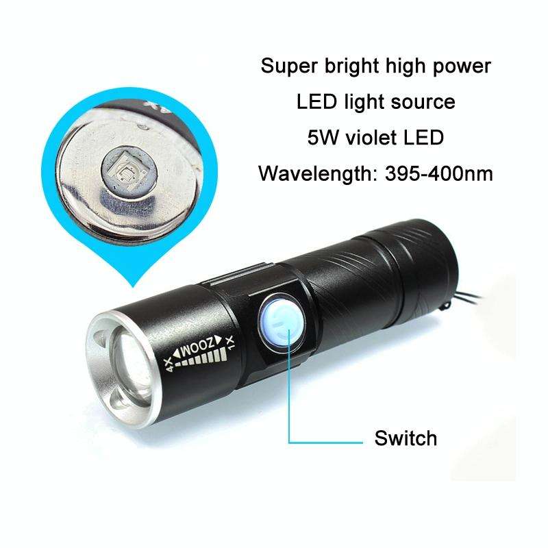 USB Ultraviolet Flashlight Jade Identification Fluorescence Detector(Black 365nm)