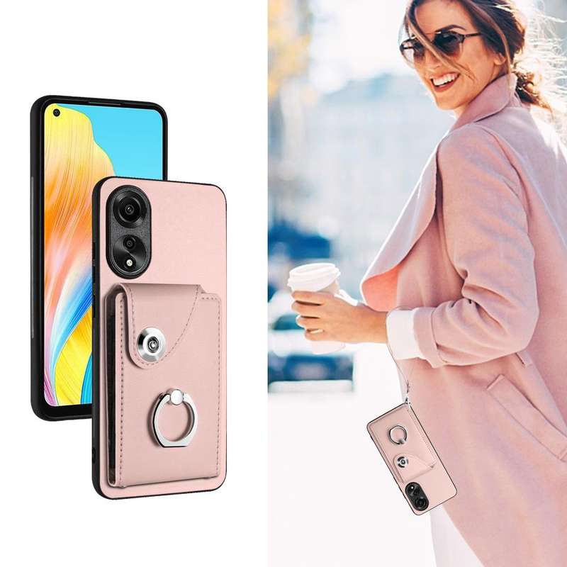 For OPPO A78 4G Global Organ Card Bag Ring Holder PU Phone Case with Lanyard(Pink)