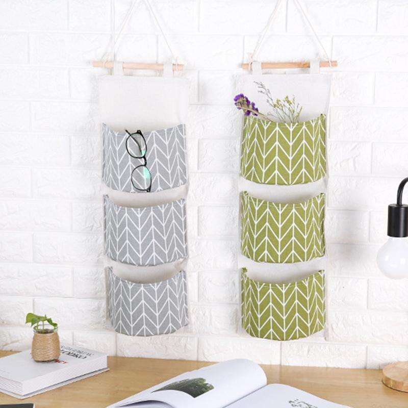3-Pockets Cotton Linen Wall Hanging Door Pouch Bedroom Home Storage Pocket Hanging Bag(Gray)